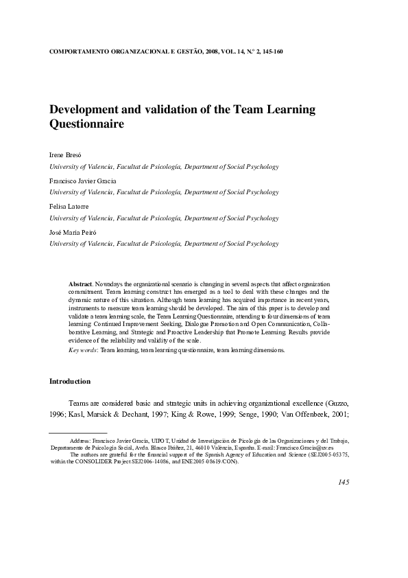 (PDF) Development and validation of the Team Learning Questionnaire