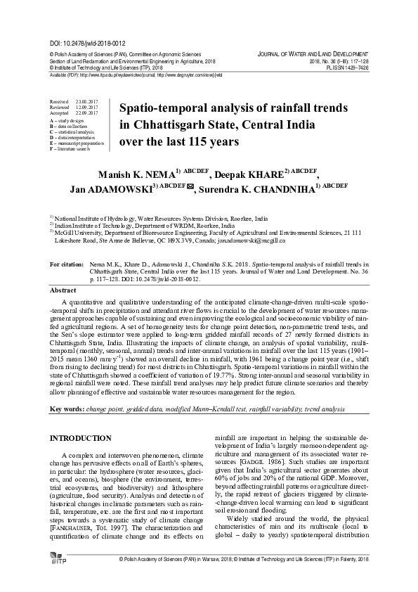 (PDF) Spatio-temporal analysis of rainfall trends in Chhattisgarh State ...