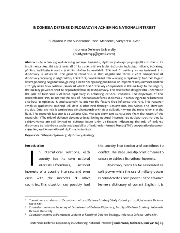 (PDF) Indonesia Defense Diplomacy in Achieving National Interest