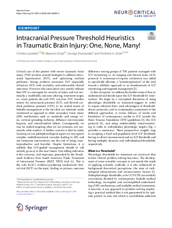 (PDF) Intracranial Pressure Threshold Heuristics in Traumatic Brain ...
