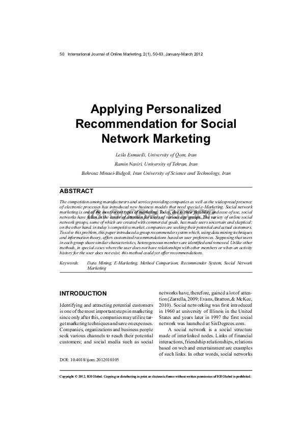 (PDF) Applying Personalized Recommendation for Social Network Marketing