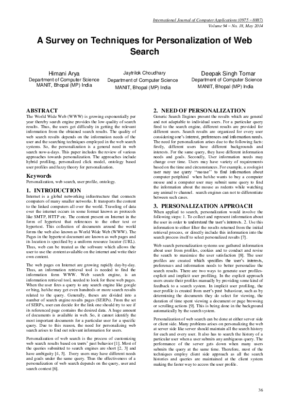 (PDF) A Survey on Techniques for Personalization of Web Search