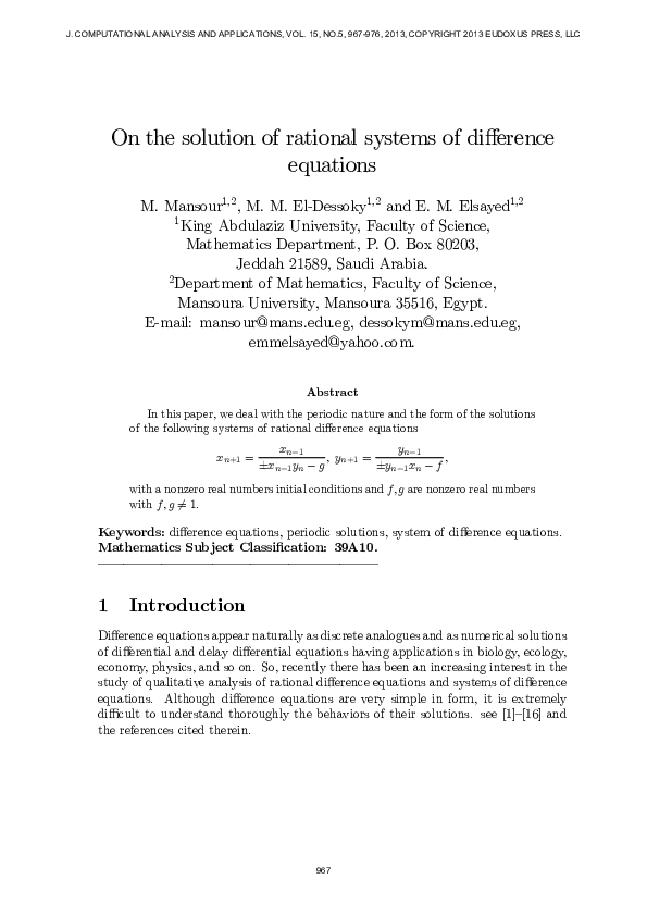 (PDF) On the solution of rational systems of difference equations