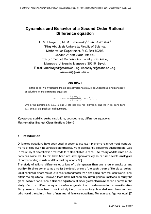 (PDF) Dynamics and behavior of a second order rational difference equation
