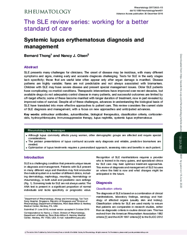 (PDF) Systemic lupus erythematosus diagnosis and management