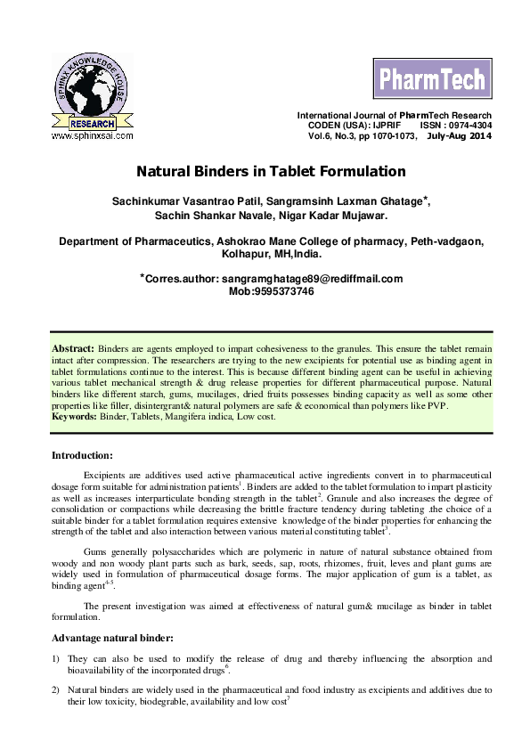 (PDF) Natural Binders in Tablet Formulation nigar mujawar Academia.edu