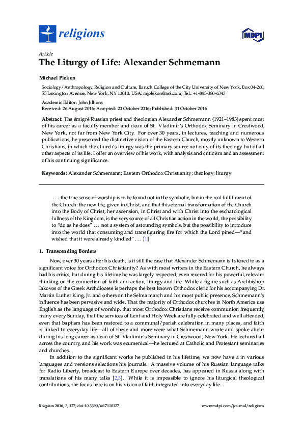 (PDF) The Liturgy of Life: Alexander Schmemann