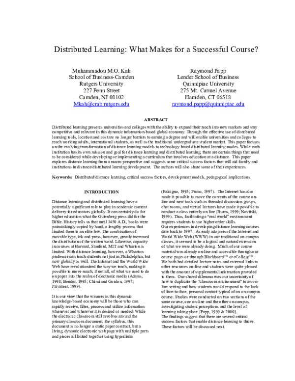 (PDF) Distributed Learning: What Makes for a Successful Course?