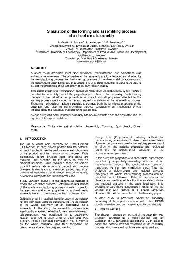 (PDF) Simulation of the forming and assembling process of a sheet metal ...