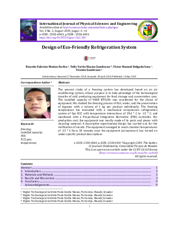 (PDF) Design of ecofriendly refrigeration system Vicente Zambrano