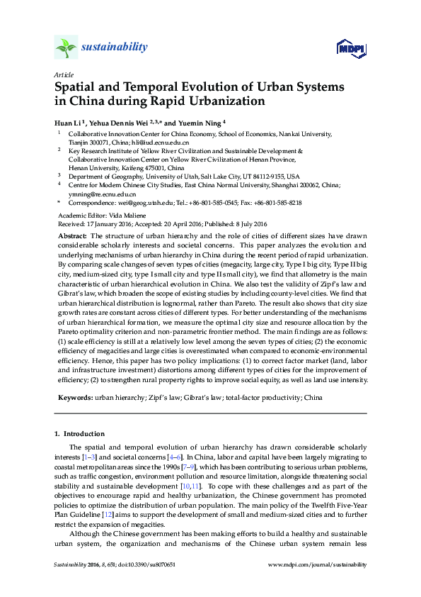 (PDF) Spatial and Temporal Evolution of Urban Systems in China during ...