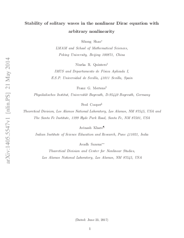 (PDF) Stability of solitary waves in the nonlinear Dirac equation with ...