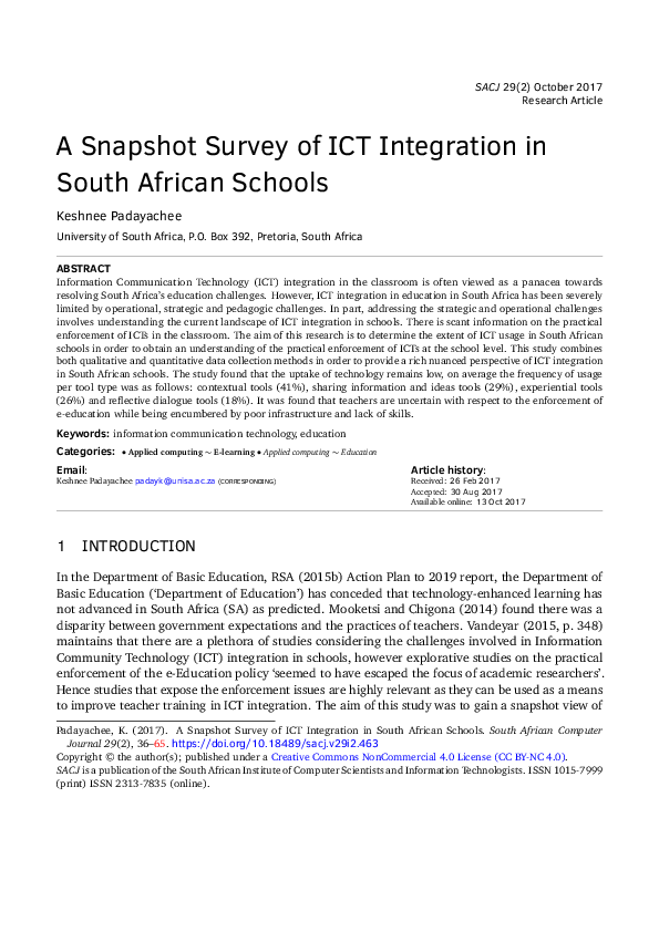 (PDF) A Snapshot Survey of ICT Integration in South African Schools