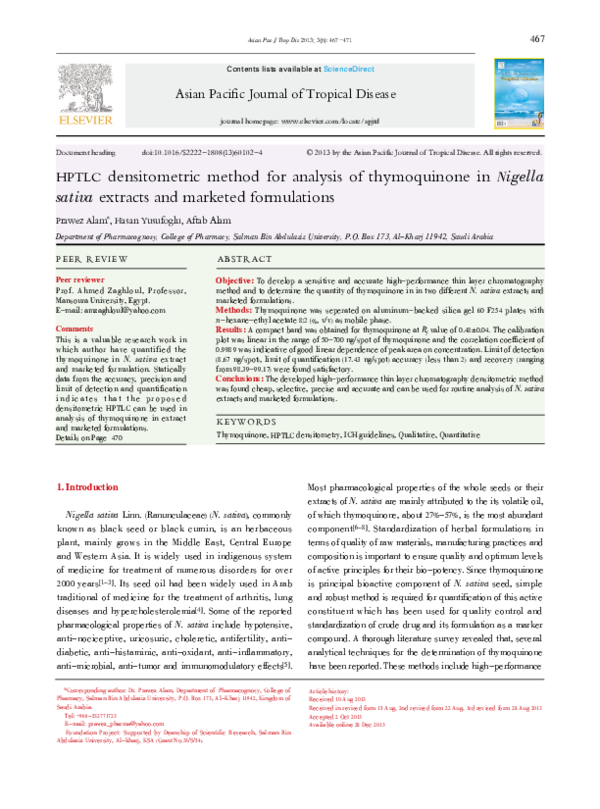 (PDF) HPTLC densitometric method for analysis of thymoquinone in