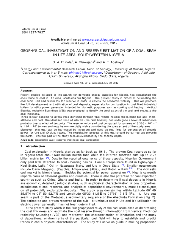 (PDF) Geophysical investigation and reserve estimation of a coal seam ...