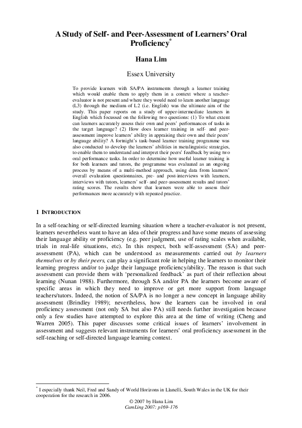 (PDF) A Study of Self and Peer-Assessment of Learners' Oral Proficiency 2
