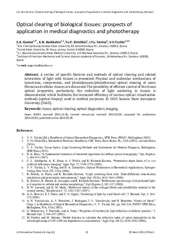 (PDF) E.A. Genina et al. Optical clearing of biological tissues