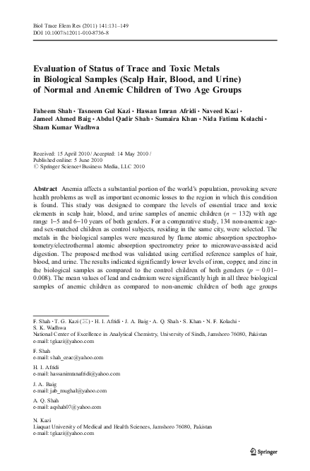 (PDF) Evaluation of Status of Trace and Toxic Metals in Biological ...