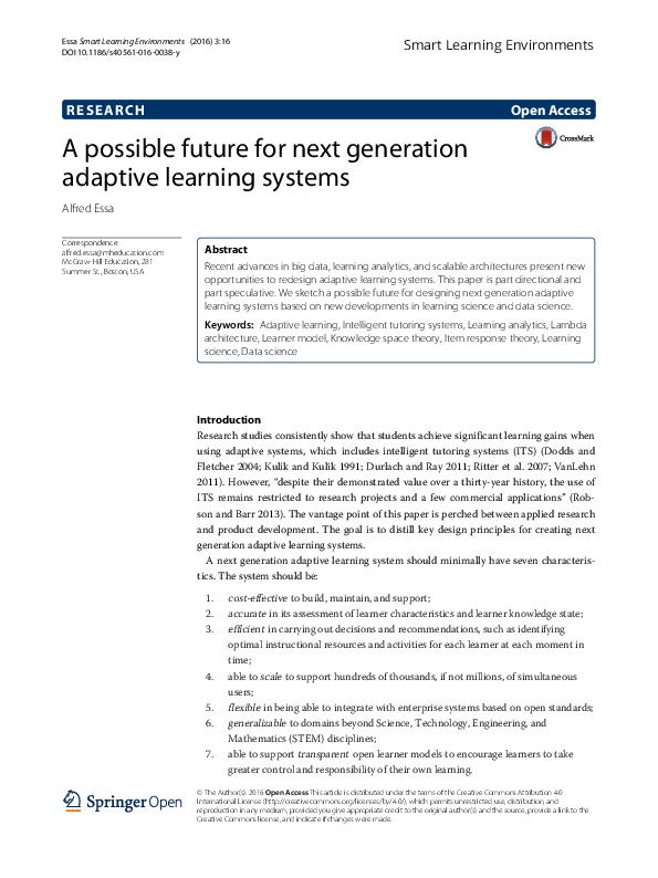 (PDF) A possible future for next generation adaptive learning systems