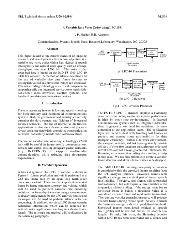 (PDF) A Variable Rate Voice Coder using LPC-10E