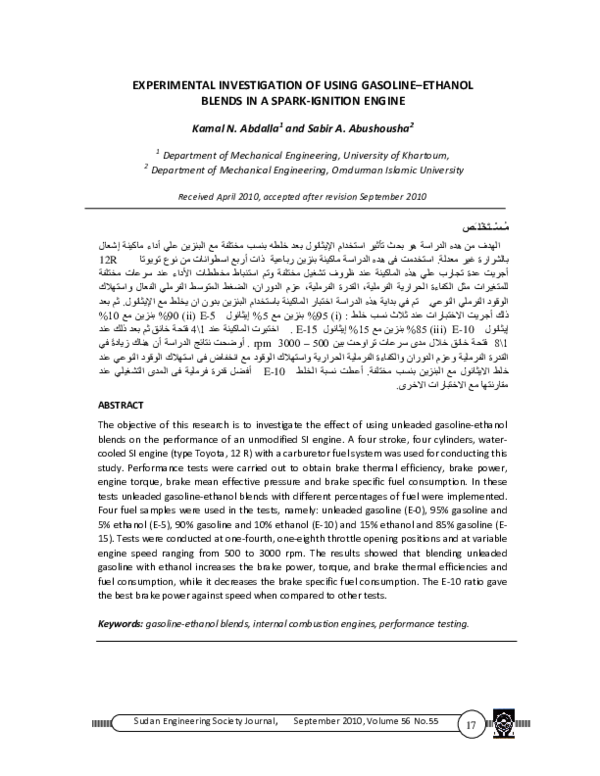 (PDF) Experimental Investigation of Using Gasoline–Ethanol Blends in a ...