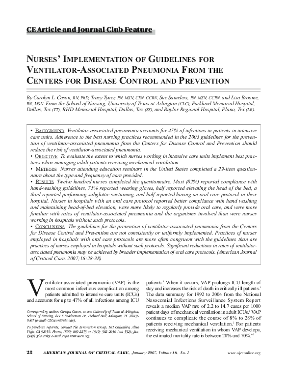 (PDF) Nurses' implementation of guidelines for ventilator-associated ...