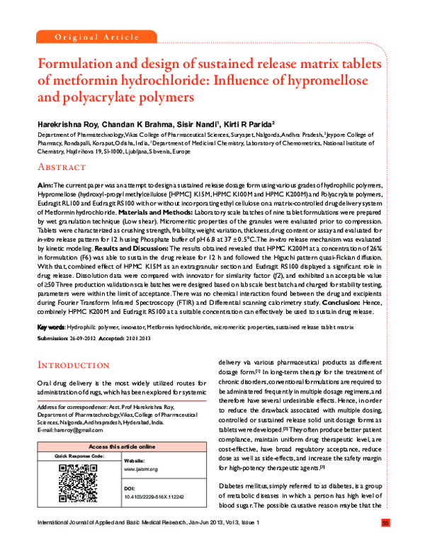 (PDF) Formulation and design of sustained release matrix tablets of ...
