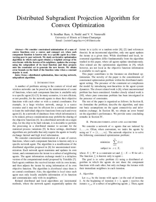 (PDF) Distributed subgradient projection algorithm for convex optimization