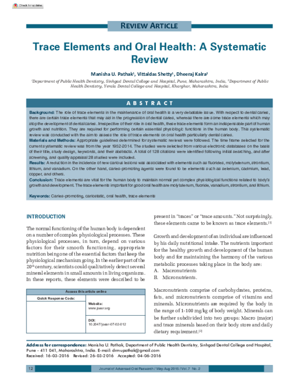 (PDF) Trace Elements and Oral Health: A Systematic Review