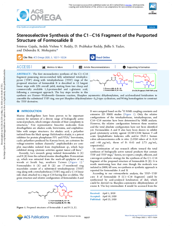 (PDF) Stereoselective Synthesis of the C1C16 Fragment of the Purported ...