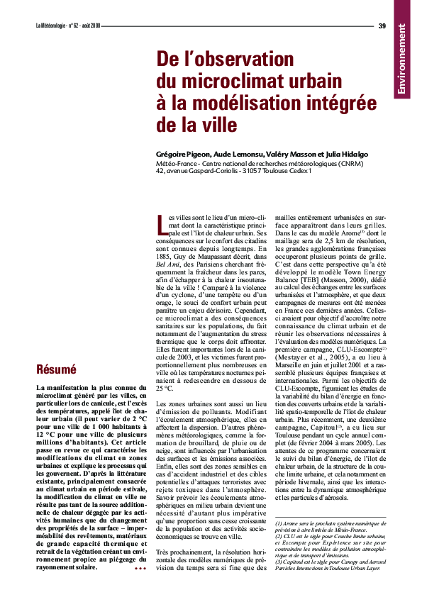 (PDF) De l'observation du microclimat urbain à la modélisation intégrée ...
