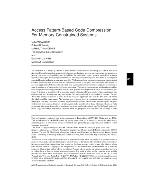 (PDF) Access pattern-based code compression for memory-constrained systems
