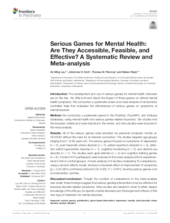 (PDF) Serious Games for Mental Health: Are They Accessible, Feasible ...