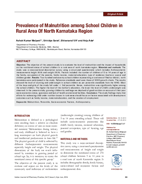 (PDF) Prevalence of Malnutrition among School Children in Rural Area Of ...