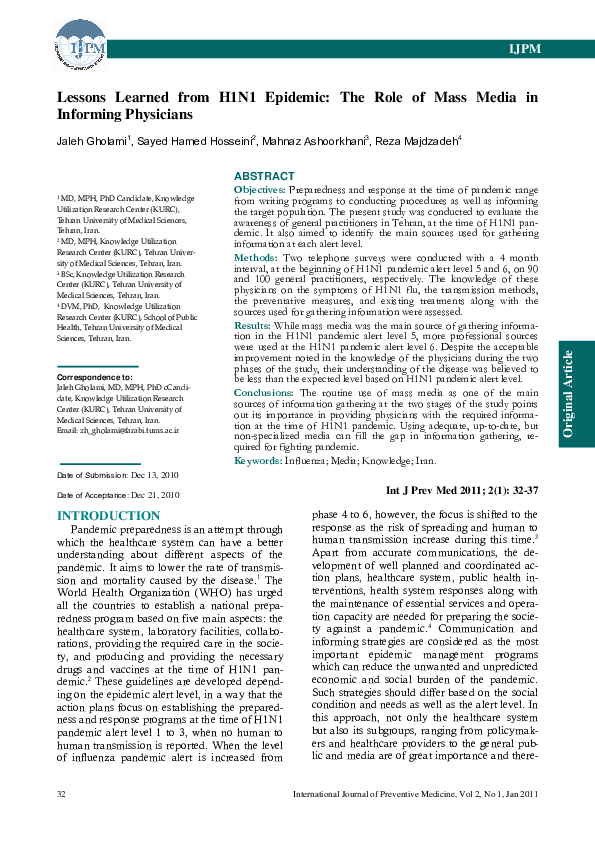 (PDF) Lessons Learned from H1N1 Epidemic: The Role of Mass Media in ...