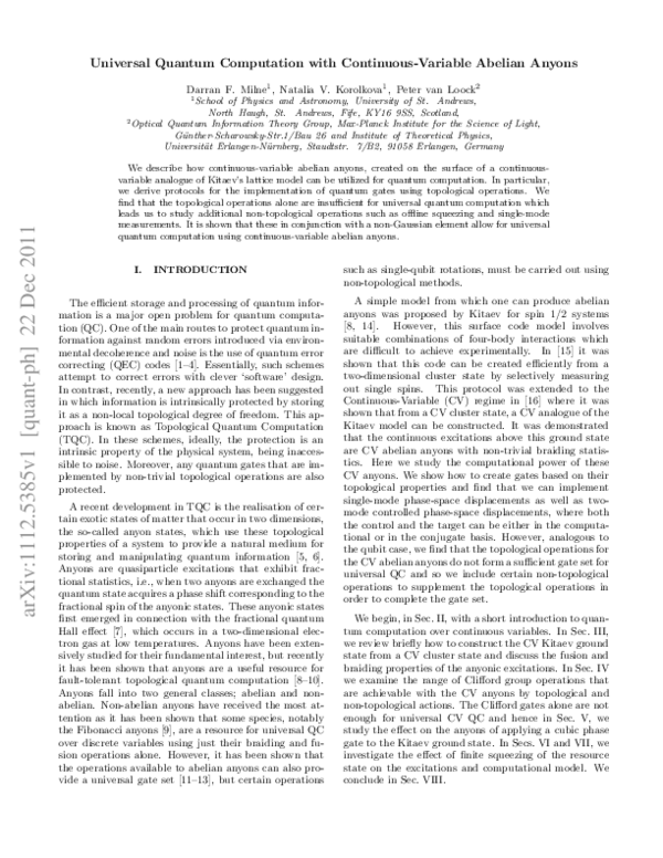 (PDF) Universal quantum computation with continuous-variable Abelian anyons