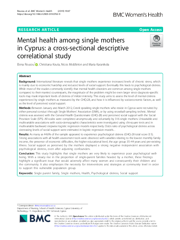 (PDF) Mental health among single mothers in Cyprus a crosssectional