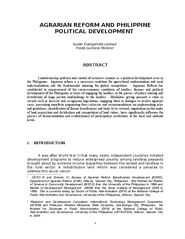 (DOC) AGRARIAN REFORM AND PHILIPPINE POLITICAL DEVELOPMENT FREDE