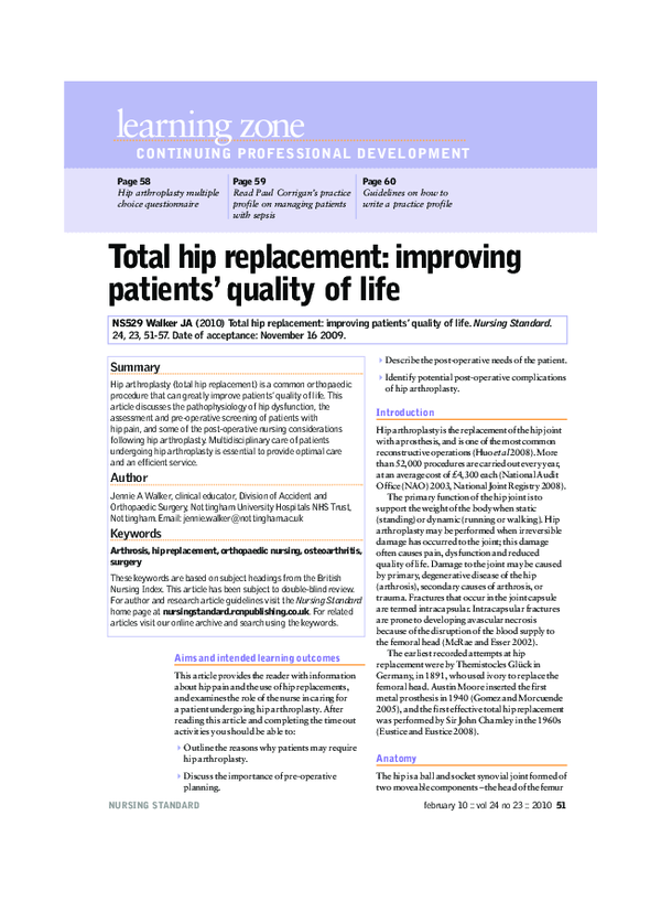 (PDF) Total hip replacement: improving patients' quality of life