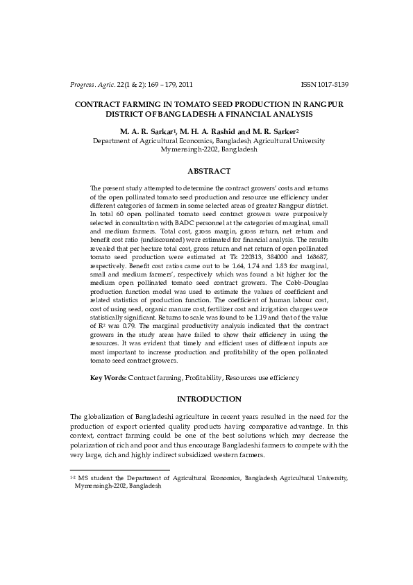 (PDF) Contract Farming in Tomato Seed Production in Rangpur District of