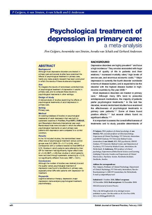 (PDF) Psychological treatment of depression in primary care: a meta ...