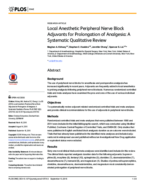 (PDF) Local Anesthetic Peripheral Nerve Block Adjuvants for Prolongation of Analgesia A