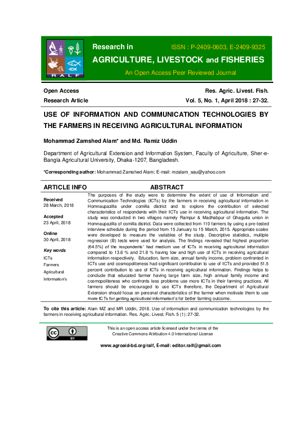 (PDF) Use of information and communication technologies by the farmers ...