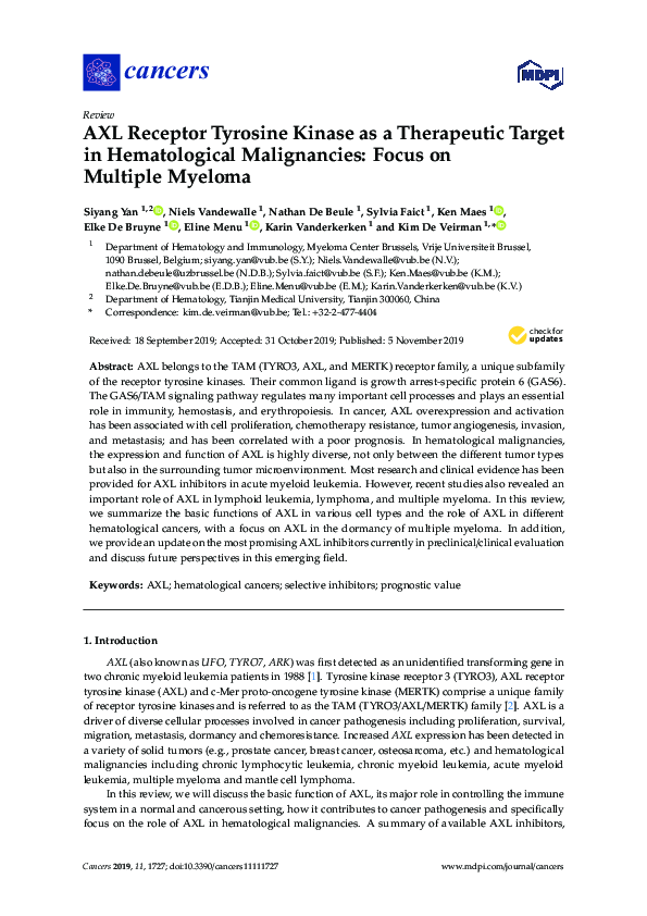 (PDF) AXL Receptor Tyrosine Kinase as a Therapeutic Target in ...
