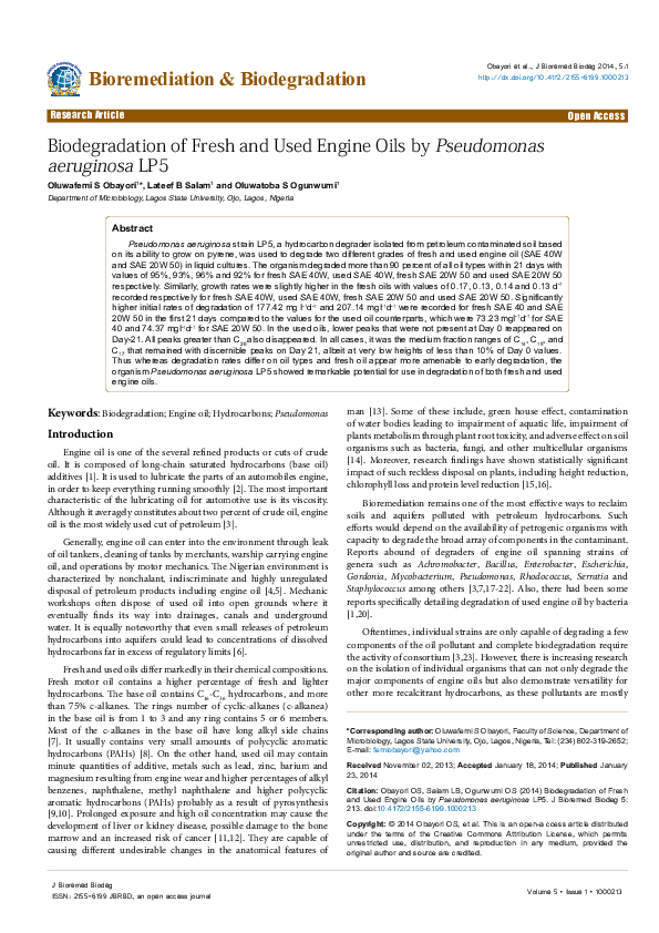 (PDF) Biodegradation of Fresh and Used Engine Oils by Pseudomonas ...