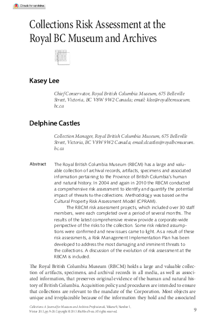 (PDF) Collections Risk Assessment at the Royal BC Museum and Archives