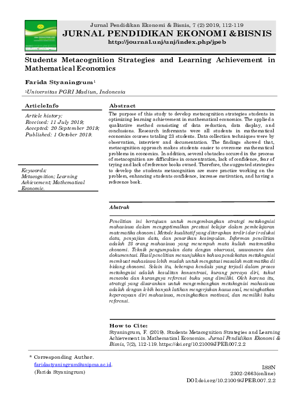(PDF) Student Metacognition in Economic Mathematical Problem Solving