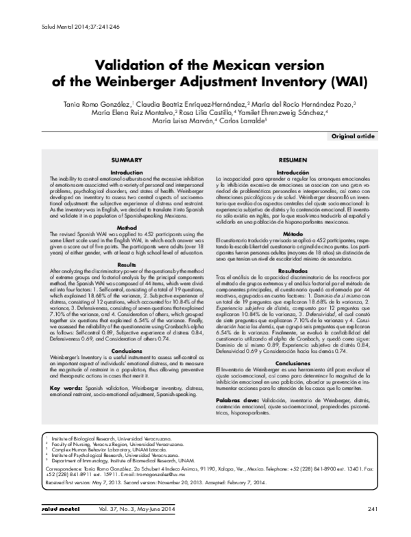 (PDF) Validation of the Mexican version of the Weinberger Adjustment
