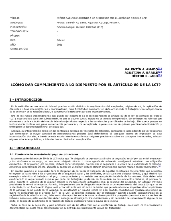 (PDF) ¿Cómo dar cumplimiento a lo dispuesto por el artículo 80 de la LCT?