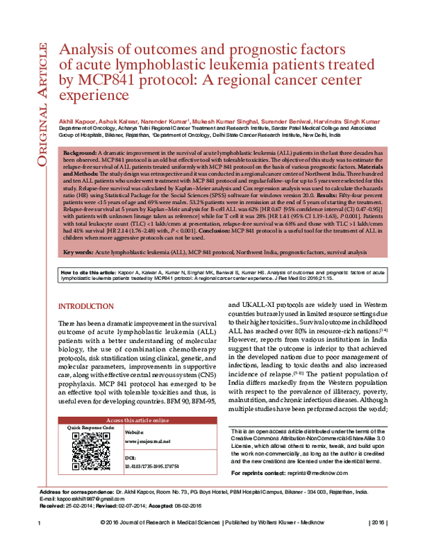 (PDF) Analysis of outcomes and prognostic factors of acute ...